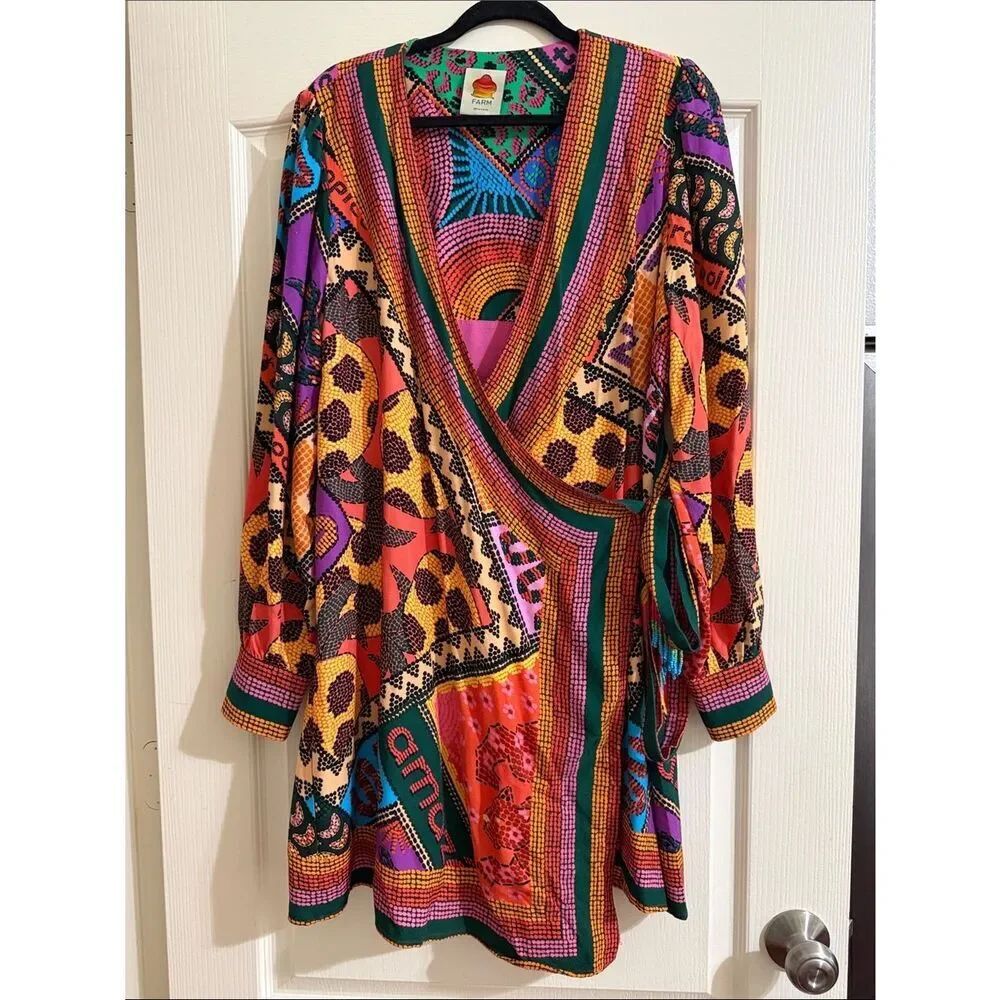 FARM Rio Bold Multi-Print Wrap Dress in Pink, Purple, Orange, Yellow, Green